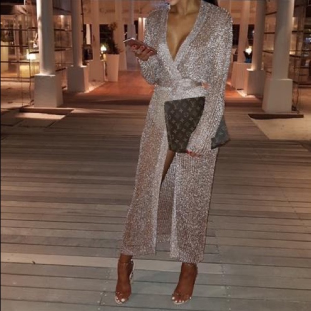 JLuxlabel Rose Gold Metallic Knit Maxi Dress Duster